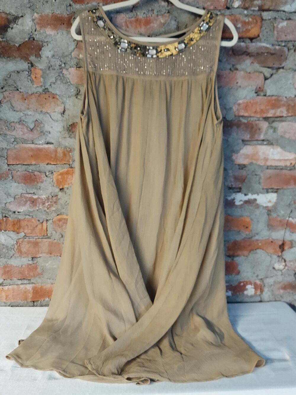 LANE BRYANT Womens Dress 18/20 Plus Size Tan Beaded Sequin Embellished Flowy